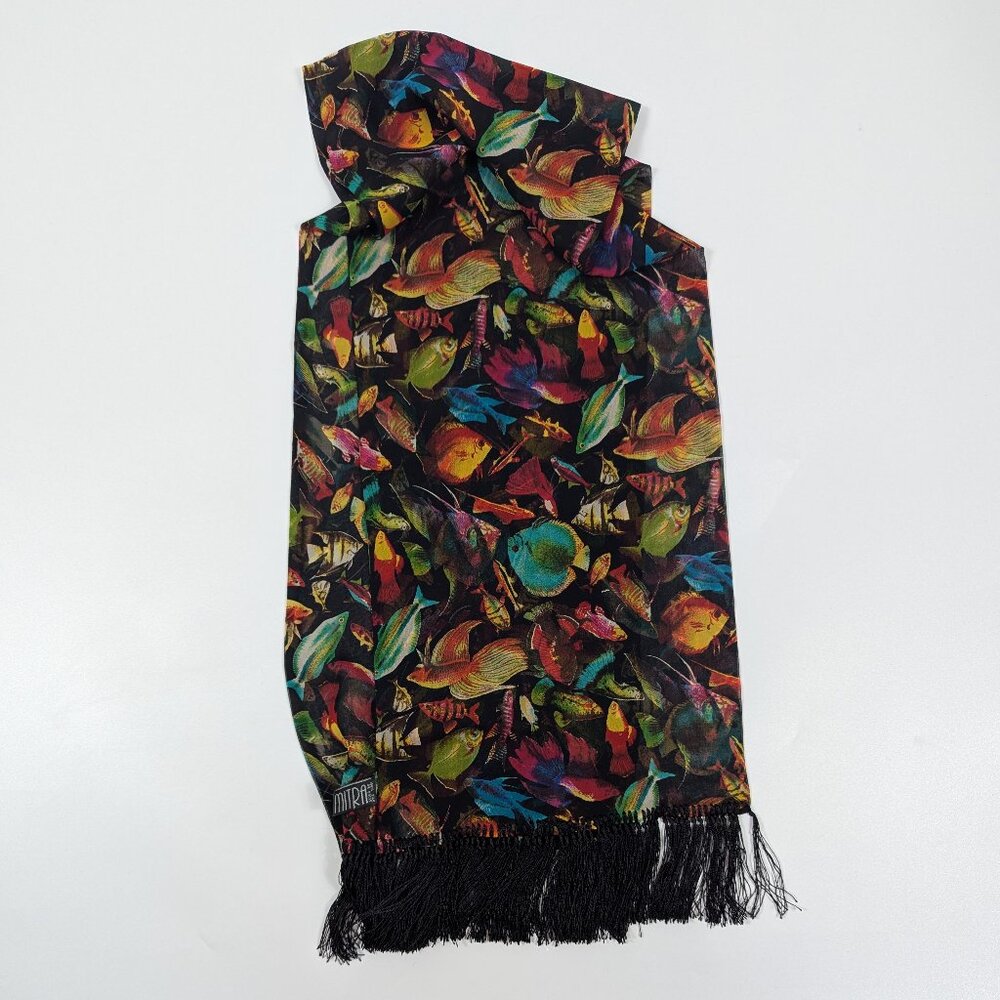 Leyla Mitra Vintage 100% Silk Fringe Scarf Tropical Fish Pattern
